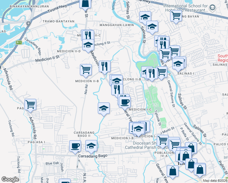 map of restaurants, bars, coffee shops, grocery stores, and more near General Yengco Street in Imus City