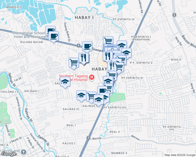 map of restaurants, bars, coffee shops, grocery stores, and more near 052 1st Reyville Subd. Emilio Aguinaldo Highway in Bacoor City