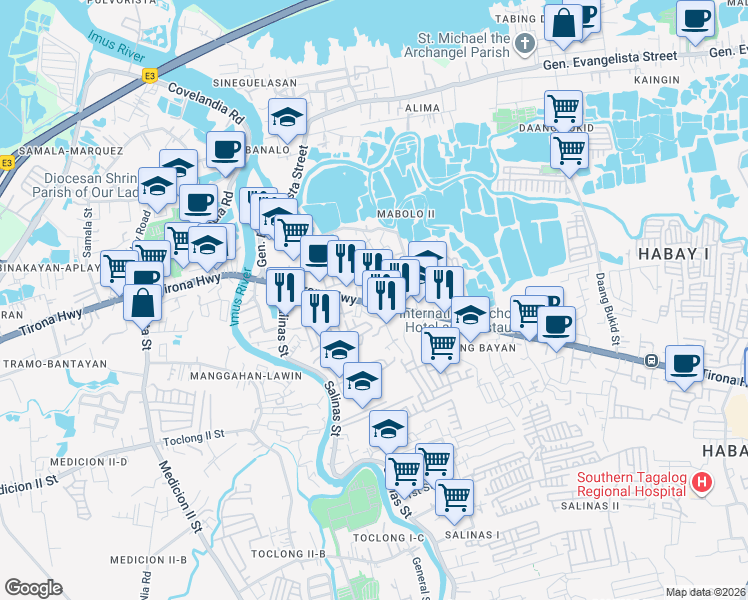 map of restaurants, bars, coffee shops, grocery stores, and more near Tirona Highway in Bacoor City