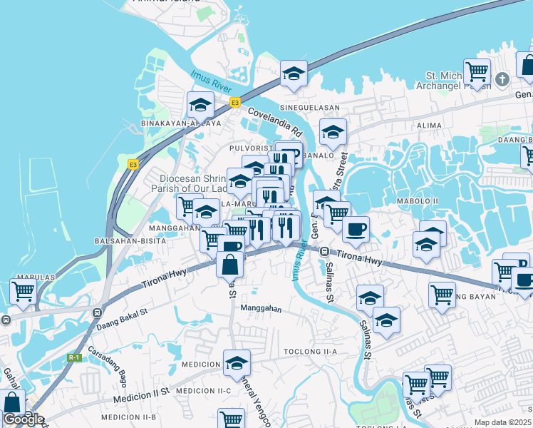 map of restaurants, bars, coffee shops, grocery stores, and more near Covelandia Road in Kawit