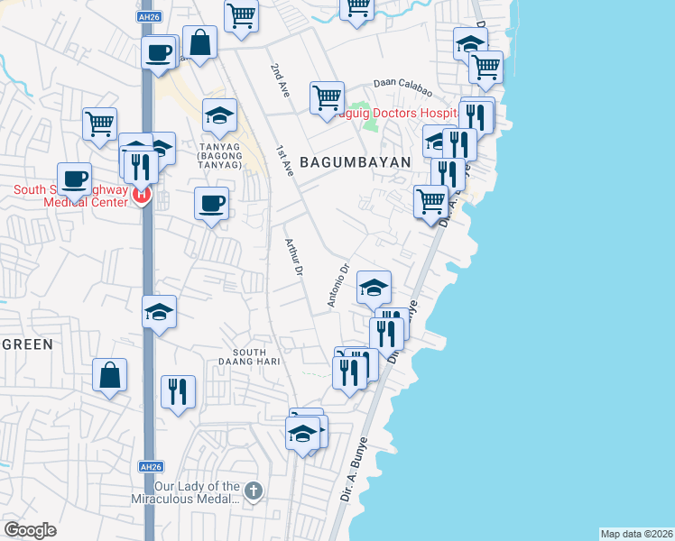 map of restaurants, bars, coffee shops, grocery stores, and more near 4 Antonio Drive in Taguig