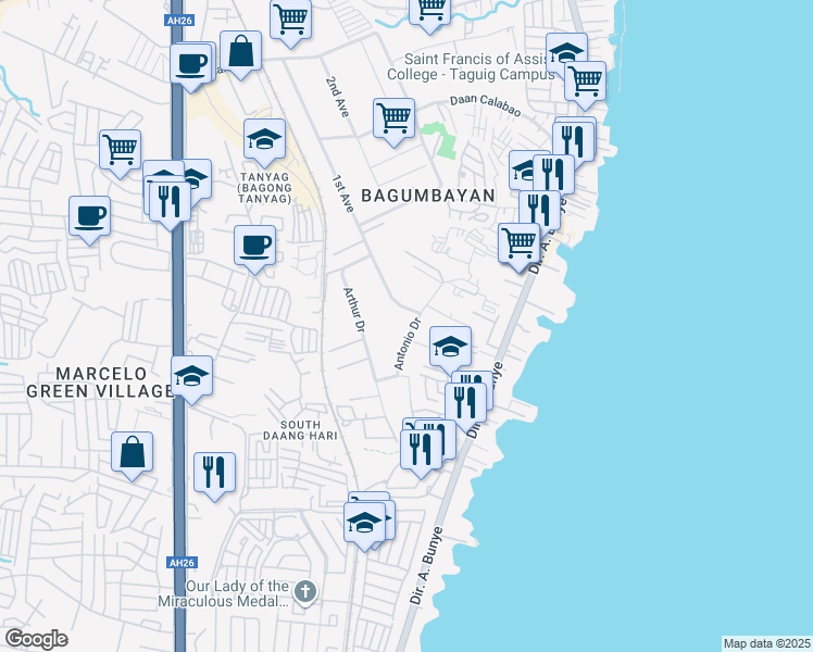 map of restaurants, bars, coffee shops, grocery stores, and more near 4 Antonio Drive in Taguig