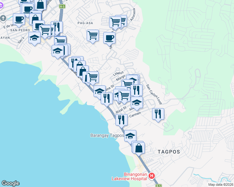 map of restaurants, bars, coffee shops, grocery stores, and more near Rebecca Street in Binangonan