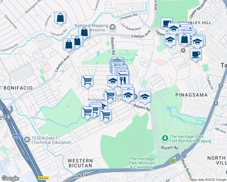 map of restaurants, bars, coffee shops, grocery stores, and more near E. Adevoso Street in Taguig City