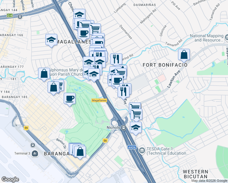 map of restaurants, bars, coffee shops, grocery stores, and more near 2332 Chino Roces Avenue Extension in Taguig