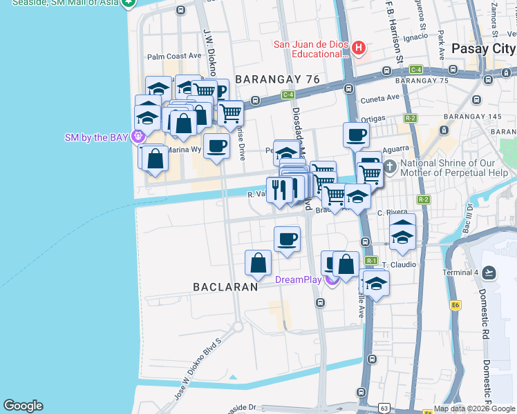 map of restaurants, bars, coffee shops, grocery stores, and more near Bradco Avenue in Parañaque