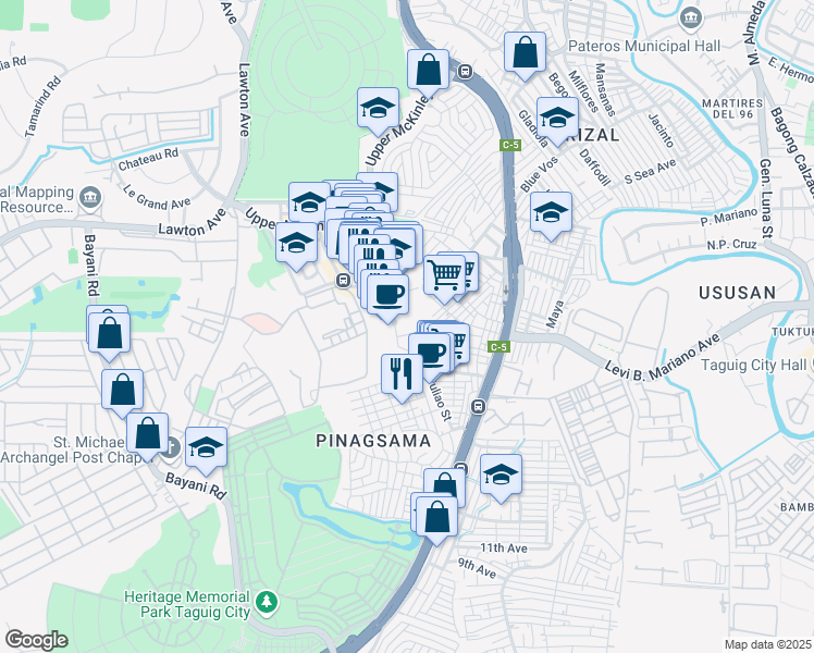 map of restaurants, bars, coffee shops, grocery stores, and more near 8 Campus Avenue in Taguig