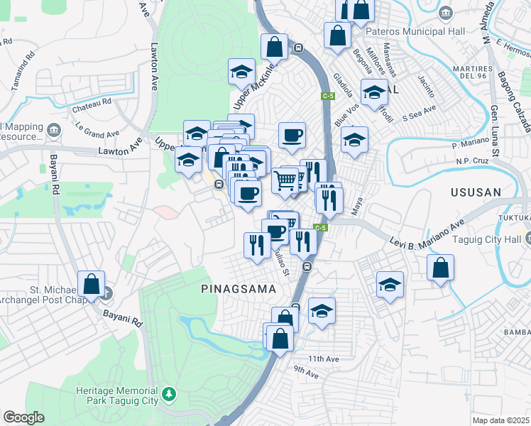 map of restaurants, bars, coffee shops, grocery stores, and more near 8 Campus Avenue in Taguig