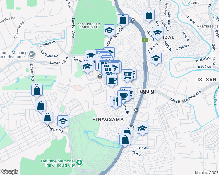 map of restaurants, bars, coffee shops, grocery stores, and more near Campus Avenue in Taguig