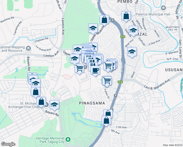 map of restaurants, bars, coffee shops, grocery stores, and more near 1634 Campus Avenue in Taguig