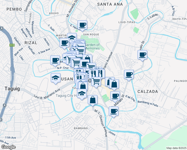 map of restaurants, bars, coffee shops, grocery stores, and more near 34th Street in Taguig