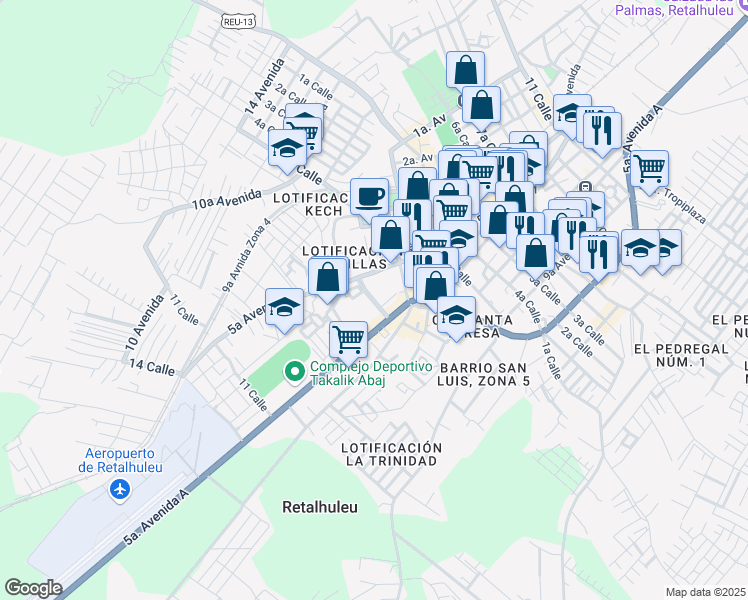 map of restaurants, bars, coffee shops, grocery stores, and more near Calle de los Caspiroles in Retalhuleu