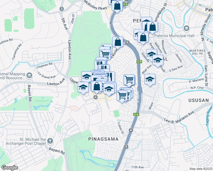 map of restaurants, bars, coffee shops, grocery stores, and more near 1634 Campus Avenue in Taguig