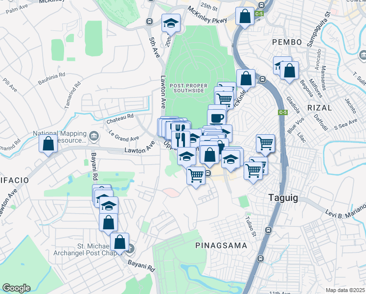 map of restaurants, bars, coffee shops, grocery stores, and more near McKinley Park Road in Taguig