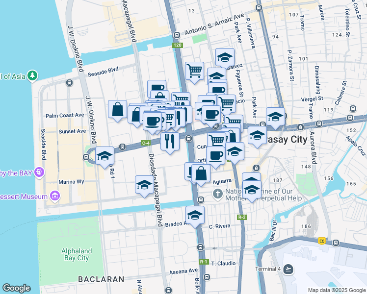 map of restaurants, bars, coffee shops, grocery stores, and more near 76 DD Meridian Avenue in Pasay