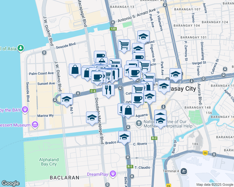 map of restaurants, bars, coffee shops, grocery stores, and more near 76 DD Meridian Avenue in Pasay