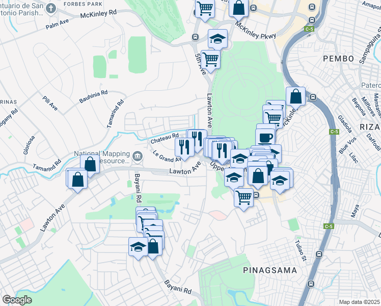 map of restaurants, bars, coffee shops, grocery stores, and more near 1 Le Grand Avenue in Taguig
