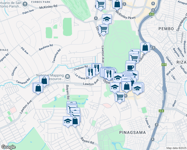 map of restaurants, bars, coffee shops, grocery stores, and more near 1 Le Grand Avenue in Taguig