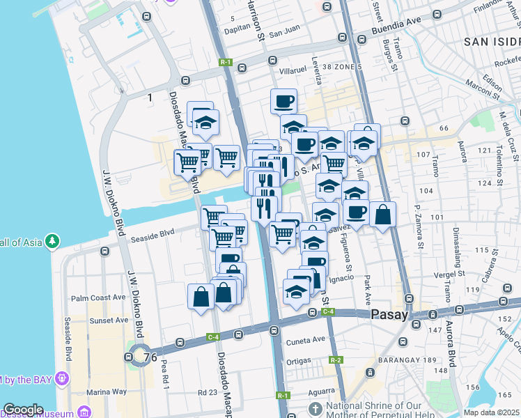 map of restaurants, bars, coffee shops, grocery stores, and more near 1501 Roxas Boulevard in Pasay