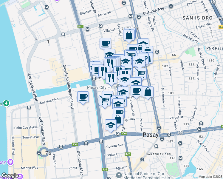 map of restaurants, bars, coffee shops, grocery stores, and more near 1501 Roxas Boulevard in Pasay