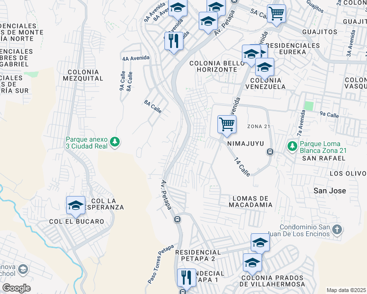 map of restaurants, bars, coffee shops, grocery stores, and more near Calle Real de Petapa in Guatemala City