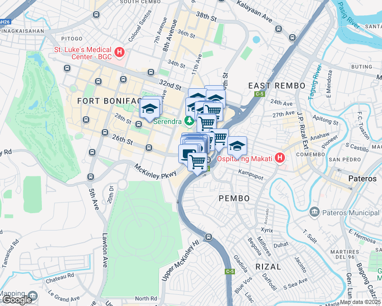 map of restaurants, bars, coffee shops, grocery stores, and more near McKinley Parkway in Taguig