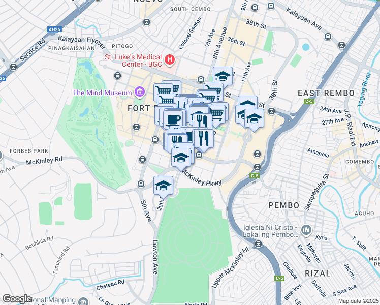 map of restaurants, bars, coffee shops, grocery stores, and more near 1055 26th Street in Taguig