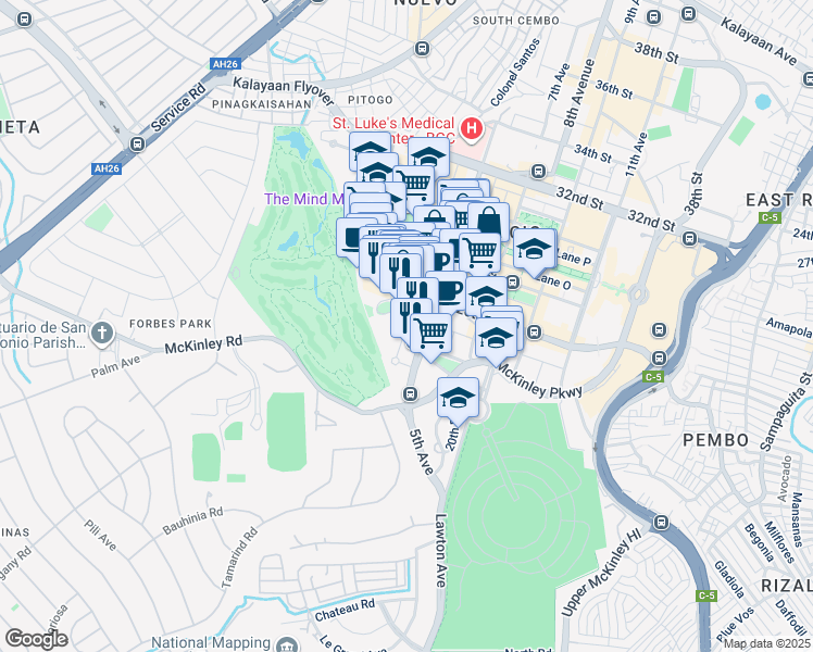 map of restaurants, bars, coffee shops, grocery stores, and more near in Taguig