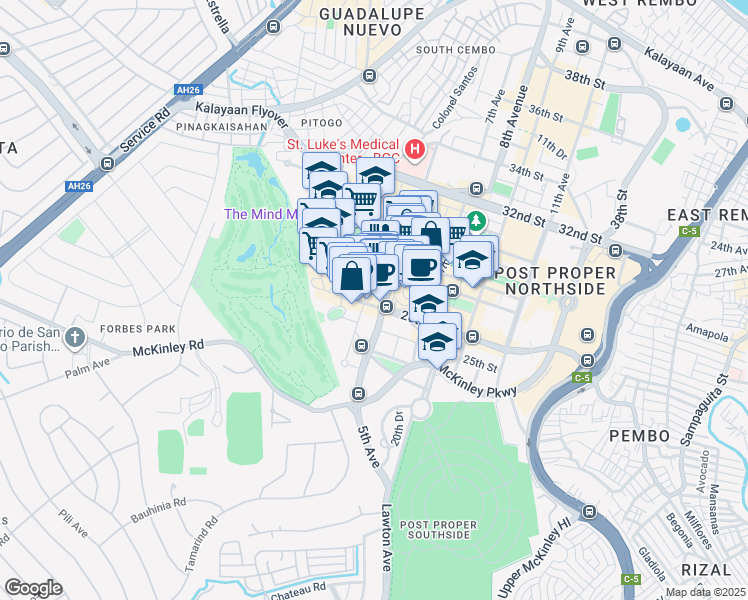 map of restaurants, bars, coffee shops, grocery stores, and more near 26th Street in Taguig