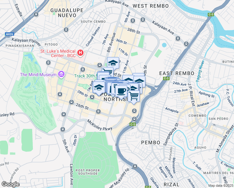 map of restaurants, bars, coffee shops, grocery stores, and more near 11th Avenue in Taguig