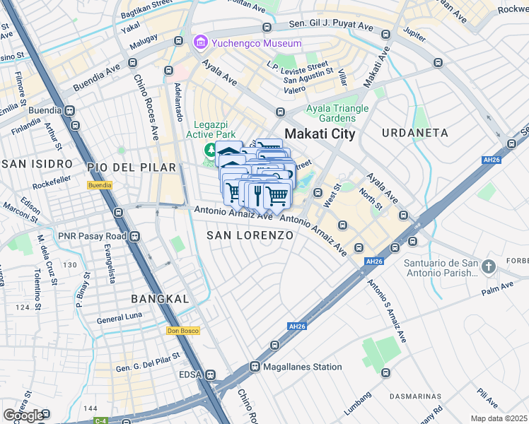 map of restaurants, bars, coffee shops, grocery stores, and more near Paseo de Roxas in Makati