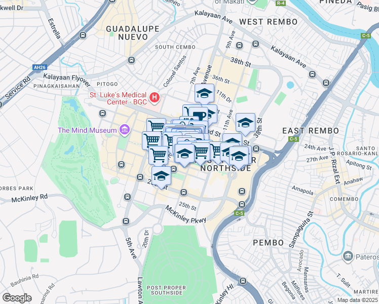 map of restaurants, bars, coffee shops, grocery stores, and more near 9Th Avenue Corner 30Th Street in Taguig