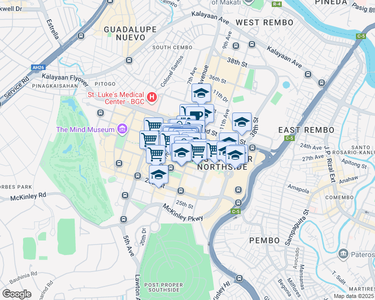 map of restaurants, bars, coffee shops, grocery stores, and more near 9Th Avenue Corner 30Th Street in Taguig