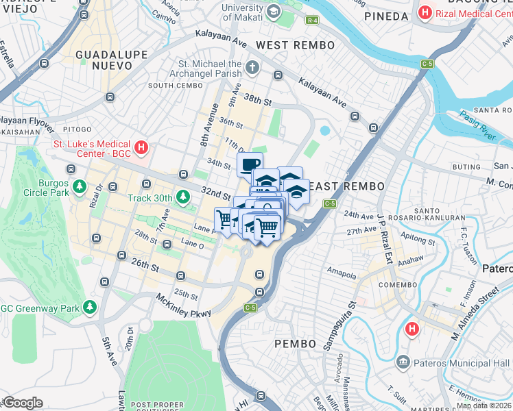 map of restaurants, bars, coffee shops, grocery stores, and more near 1360 32nd Street in Taguig