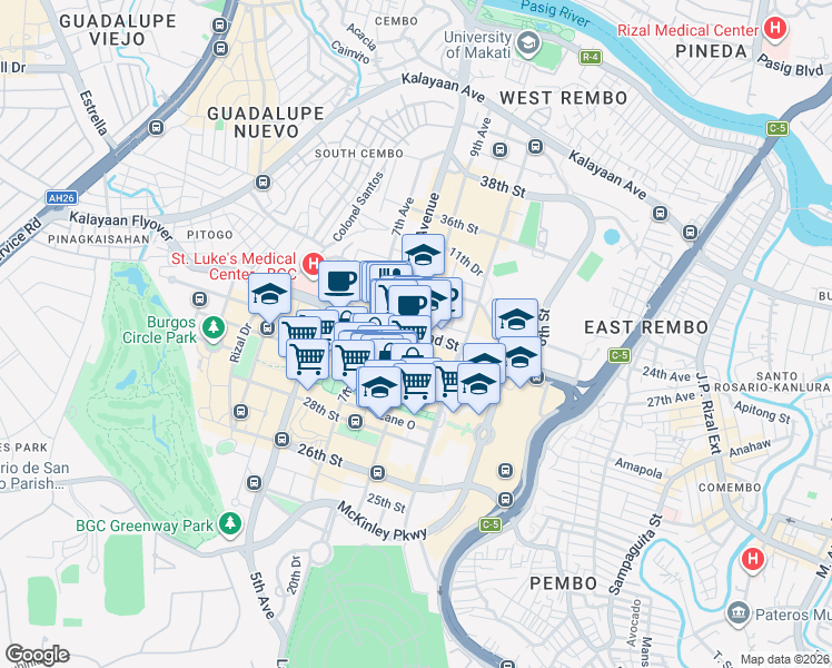 map of restaurants, bars, coffee shops, grocery stores, and more near 9th Avenue in Taguig