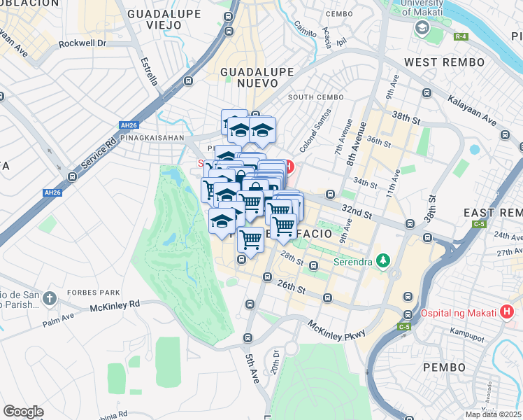 map of restaurants, bars, coffee shops, grocery stores, and more near 30th Street in Taguig