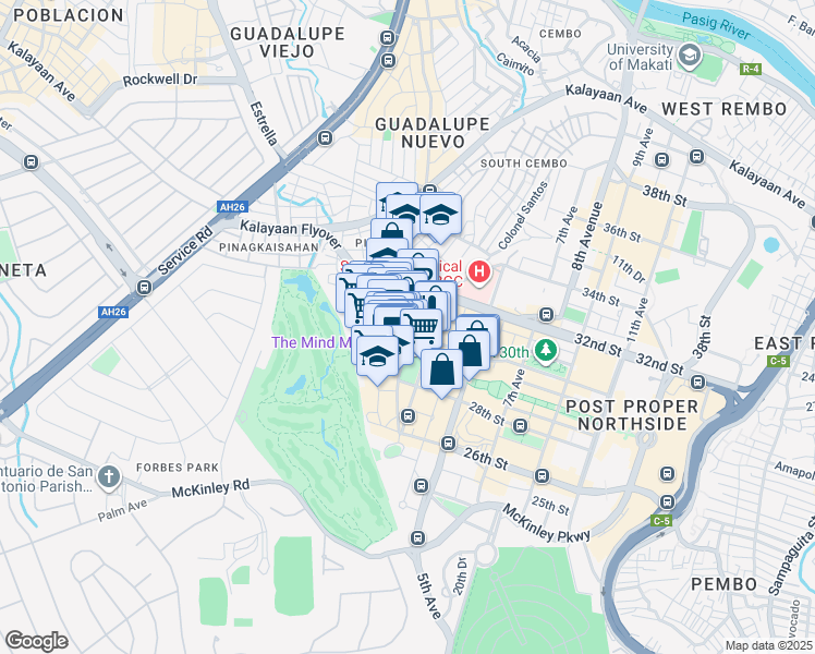 map of restaurants, bars, coffee shops, grocery stores, and more near 30th Street in Taguig