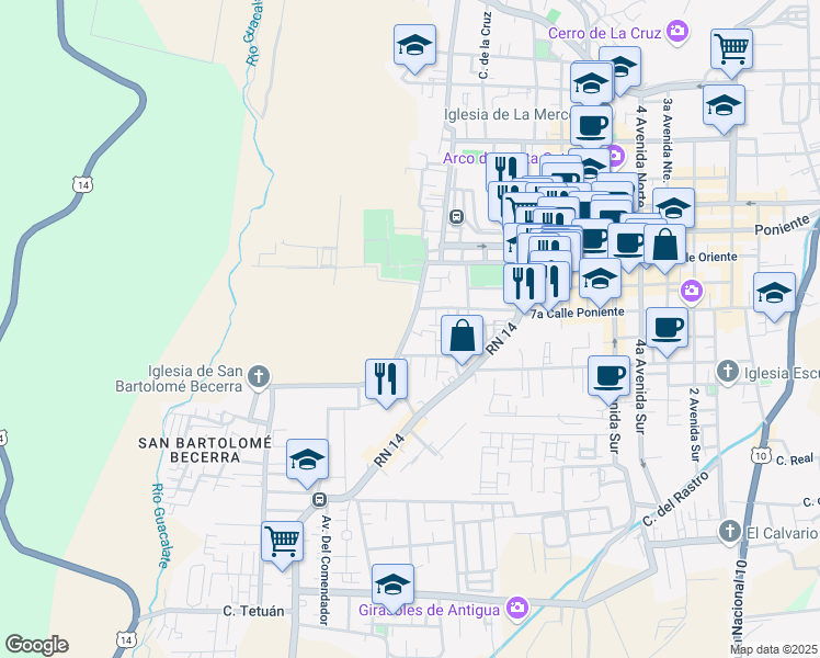 map of restaurants, bars, coffee shops, grocery stores, and more near Calle San Bartolome Becerra in Antigua Guatemala