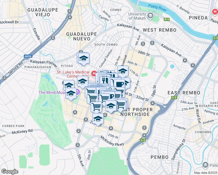 map of restaurants, bars, coffee shops, grocery stores, and more near 32nd Street in Taguig