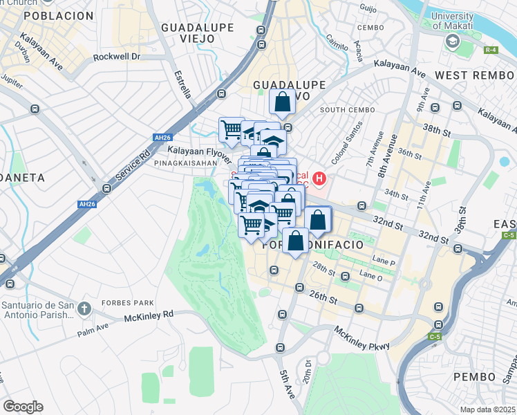 map of restaurants, bars, coffee shops, grocery stores, and more near 30th Street in Taguig