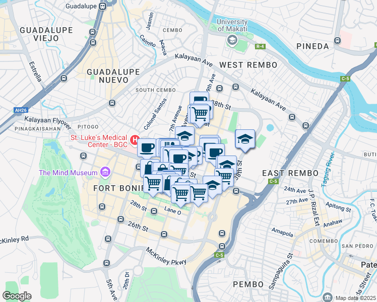 map of restaurants, bars, coffee shops, grocery stores, and more near 34th Street in Taguig