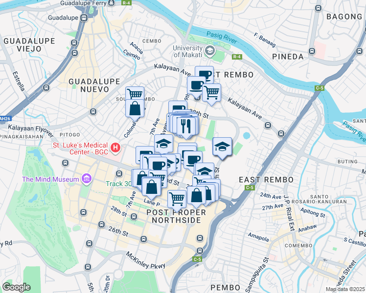 map of restaurants, bars, coffee shops, grocery stores, and more near 10 11th Drive in Taguig
