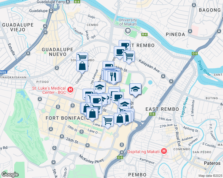 map of restaurants, bars, coffee shops, grocery stores, and more near 10 11th Drive in Taguig