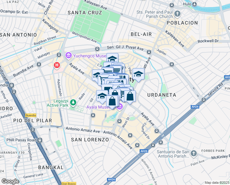 map of restaurants, bars, coffee shops, grocery stores, and more near 6767 Ayala Avenue in Makati City