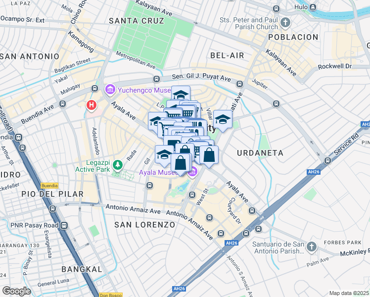 map of restaurants, bars, coffee shops, grocery stores, and more near 6767 Ayala Avenue in Makati City