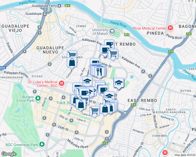 map of restaurants, bars, coffee shops, grocery stores, and more near 9th Avenue in Taguig