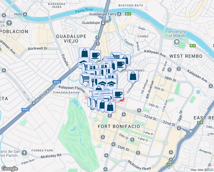 map of restaurants, bars, coffee shops, grocery stores, and more near in Makati