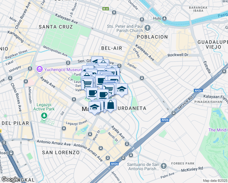 map of restaurants, bars, coffee shops, grocery stores, and more near Paseo de Roxas in Makati