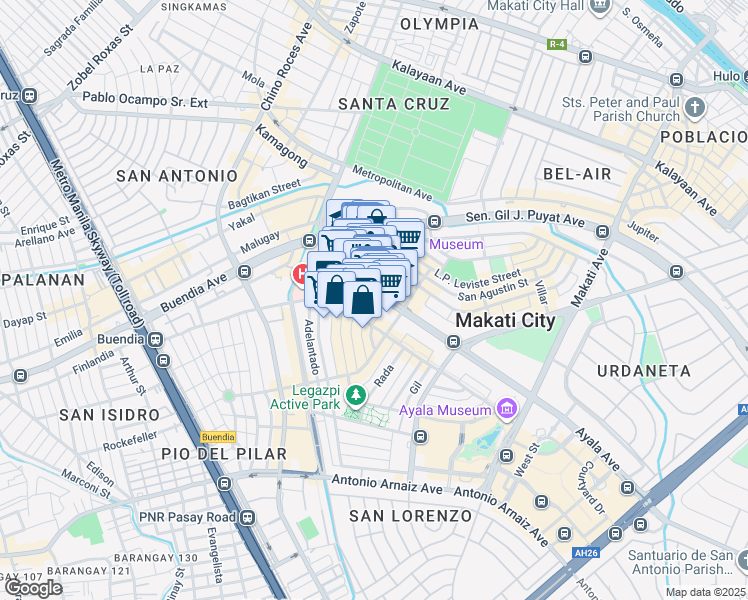 map of restaurants, bars, coffee shops, grocery stores, and more near 6786 Ayala Avenue in Makati