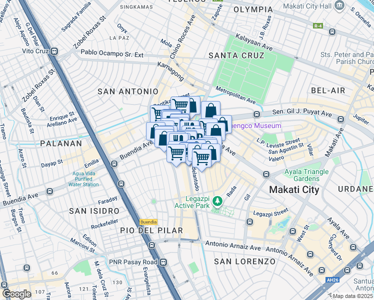 map of restaurants, bars, coffee shops, grocery stores, and more near 2 Amorsolo Street in Makati